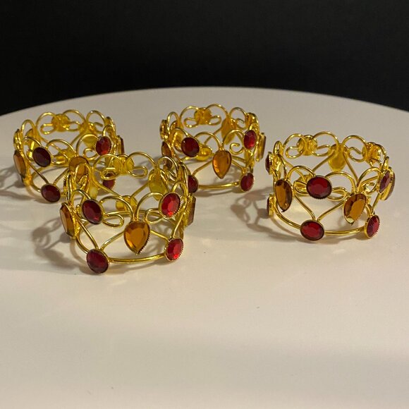Jeweled Gold Holiday Napkin Rings Set of 4 – Red & Amber Gem Accents - Picture 3 of 10